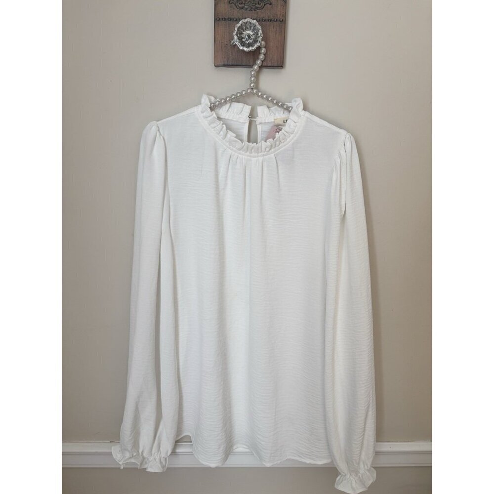 NWT Ott Brand Womens Size L Blouse Off White Long Sleeve Ruffle Trim